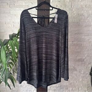LOFT Black Grey Heather Double V Bell Sleeve Blouse Size L New with Tags